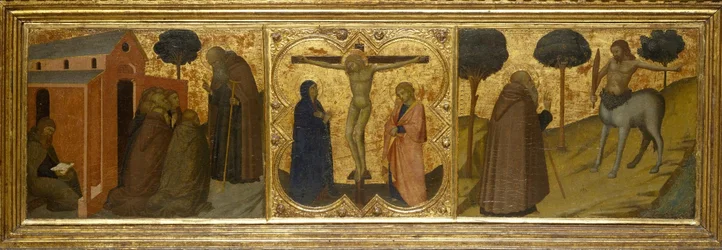 Desconocido italiano - San Antonio Abad predicando; Cristo en la cruz con la Virgen y San Juan; San Antonio Abad